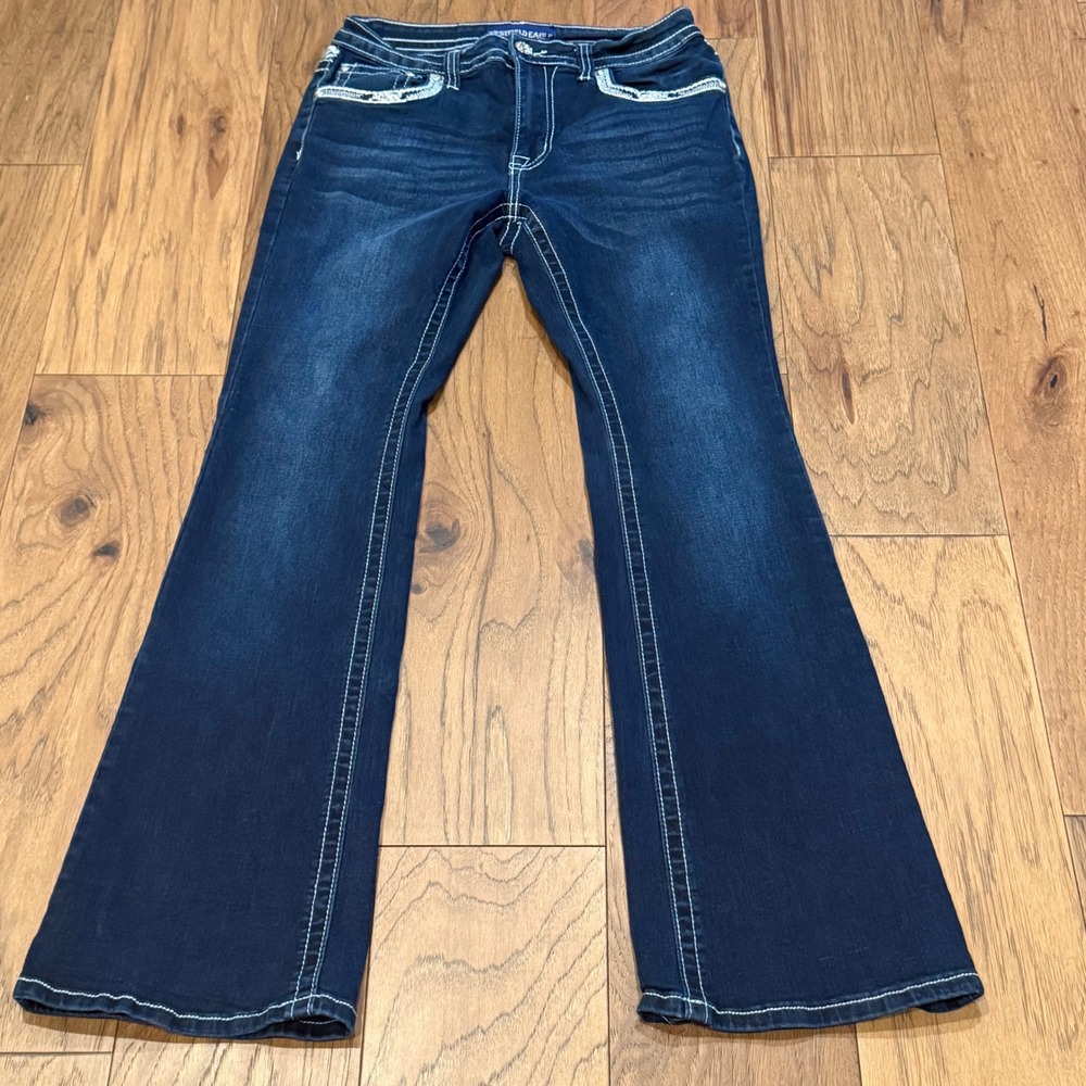 Westfield‎ Eagle Womens Dark Wash Flare Jeans Sequin Rhinestone Pockets Size 11